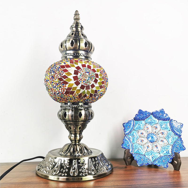 Stained Glass Bronze Night Light Sphere 1 Light Moroccan Style Table Lamp with Metal Base