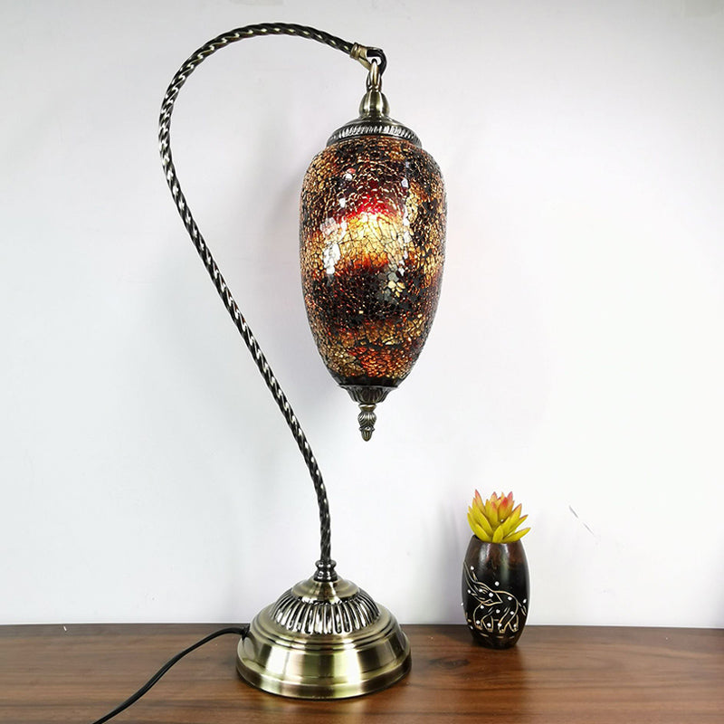 Single Light Table Lamp Vintage Elliptical Stained Glass Night Light in Bronze with Curved Arm