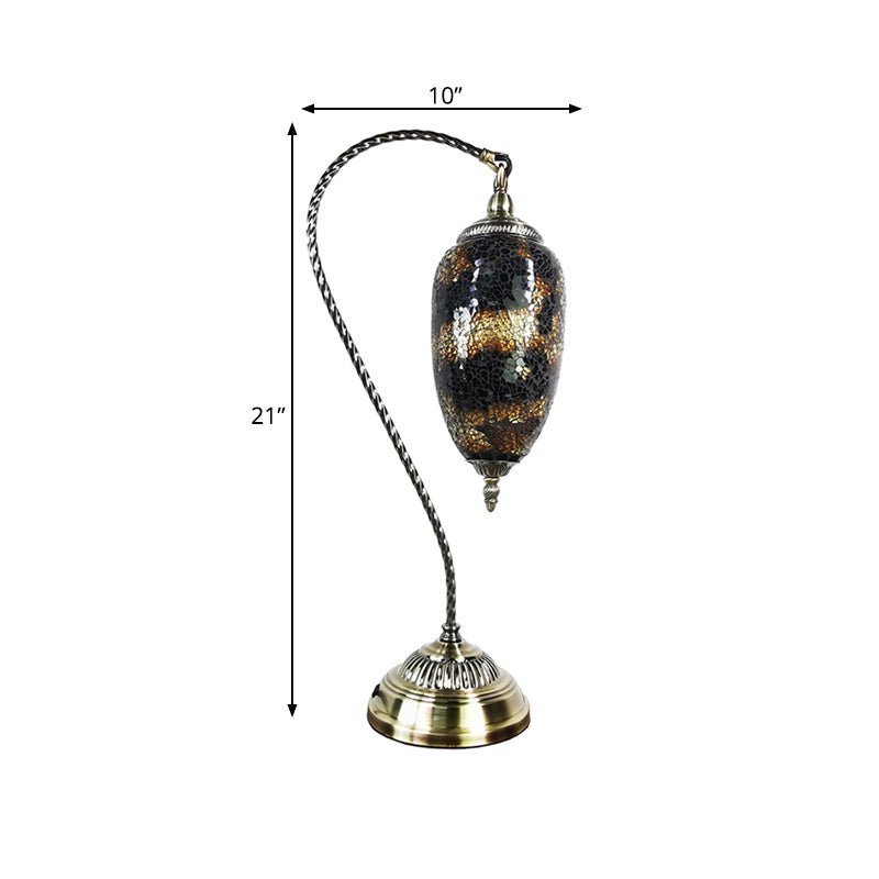 Single Light Table Lamp Vintage Elliptical Stained Glass Night Light in Bronze with Curved Arm