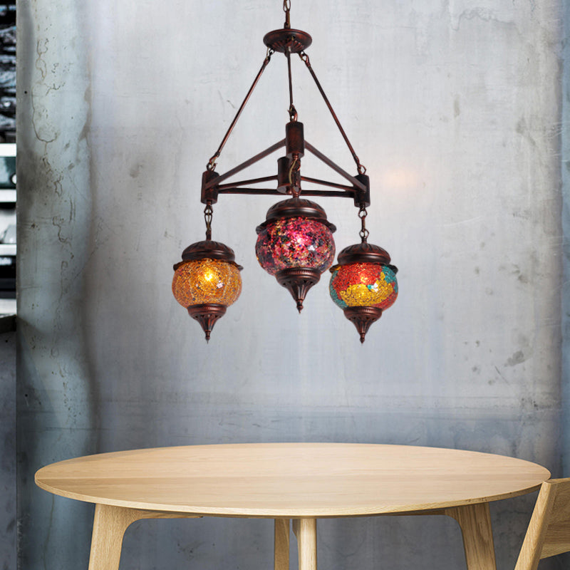 Sala de estar de globo lámpara colgante de vidrieras marroquíes 3 luces lámpara colgante de cobre desgastada