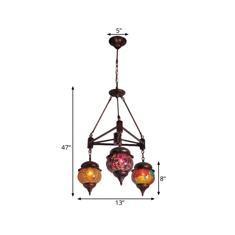 Globe Living Room Hanging Chandelier Moroccan Stained Glass 3 Lights Weathered Copper Pendant Lamp