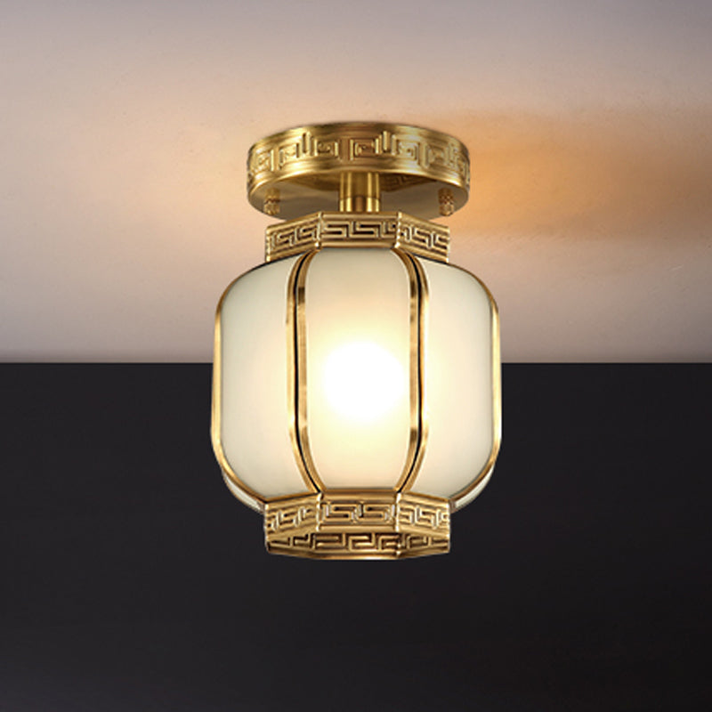 1 Light Lantern Ceiling Flush Mount Traditional Brass Metal Semi Flush Lighting with Opal Glass Shade