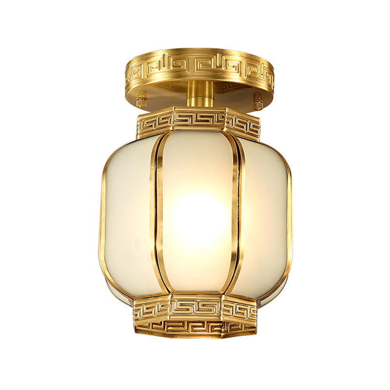 1 Light Lantern Ceiling Flush Mount Traditional Brass Metal Semi Flush Lighting with Opal Glass Shade