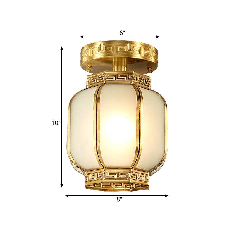 1 Light Lantern Ceiling Flush Mount Traditional Brass Metal Semi Flush Lighting with Opal Glass Shade