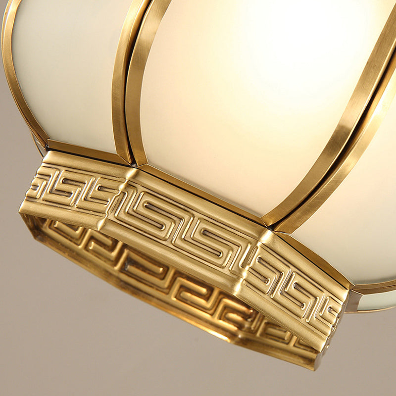 1 Light Lantern Ceiling Flush Mount Traditional Brass Metal Semi Flush Lighting with Opal Glass Shade