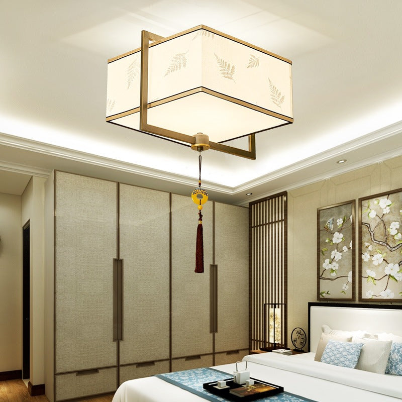 Traditional Square Flush Ceiling Light 5 Lights Fabric Flush Mount Fixture in White for Bedroom