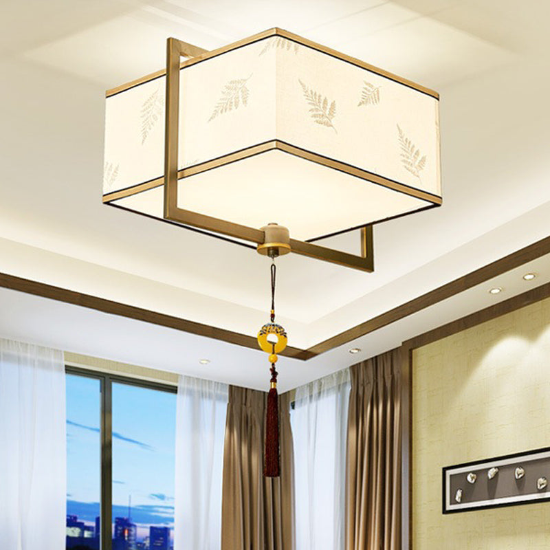 Traditional Square Flush Ceiling Light 5 Lights Fabric Flush Mount Fixture in White for Bedroom