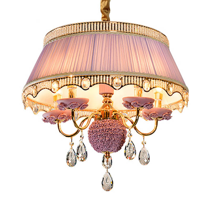 Fabric Scalloped Chandelier Lighting Modern 5 Heads Pink/Blue/Purple Hanging Ceiling Light with Crystal Drop