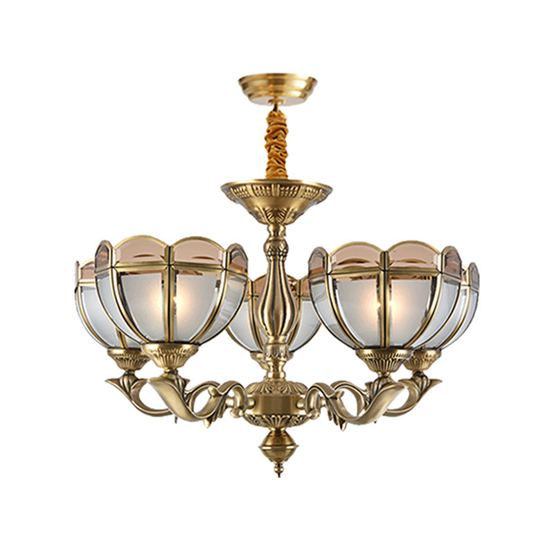 Beige Frosted Glass Gold Chandelier Lighting Dome 5/6 Bulbs Colonialist Hanging Ceiling Light