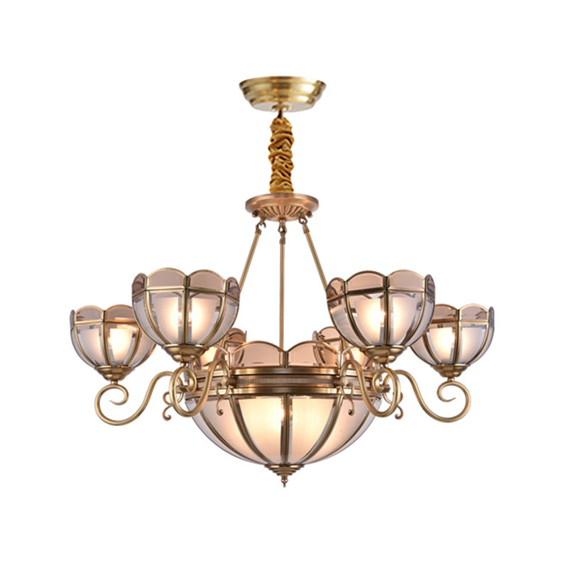 Beige Frosted Glass Gold Chandelier Lighting Dome 5/6 Bulbs Colonialist Hanging Ceiling Light