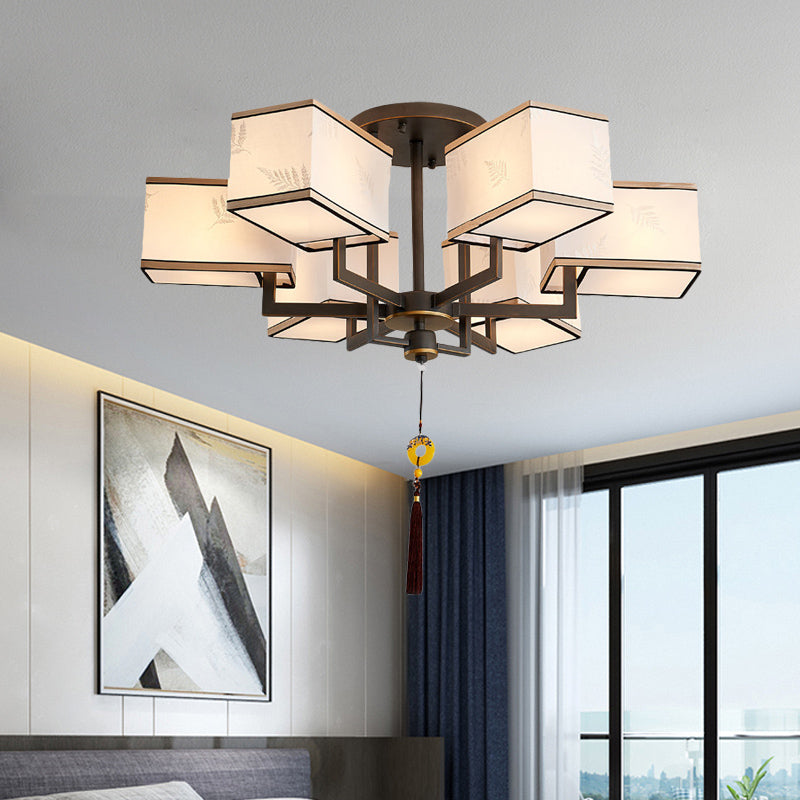 Metal Rectangle Semi Flush Mount Lighting Classic Metal 6/8/10 Lights Living Room Ceiling Lamp with Fabric Shade