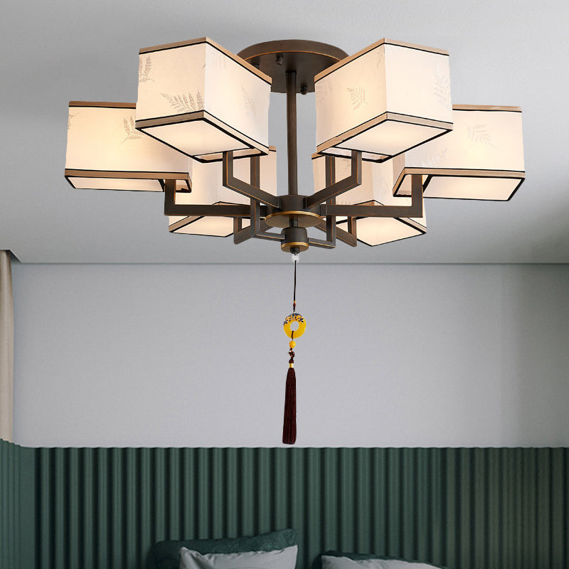 Metal Rectangle Semi Flush Mount Lighting Classic Metal 6/8/10 Lights Living Room Ceiling Lamp with Fabric Shade