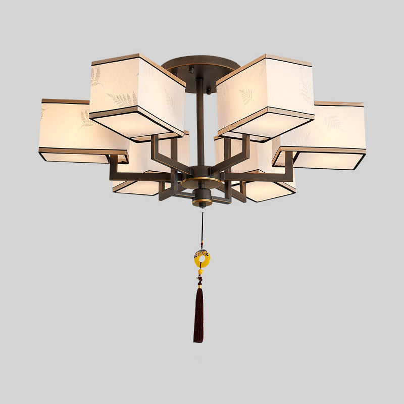 Metal Rectangle Semi Flush Mount Lighting Classic Metal 6/8/10 Lights Living Room Ceiling Lamp with Fabric Shade