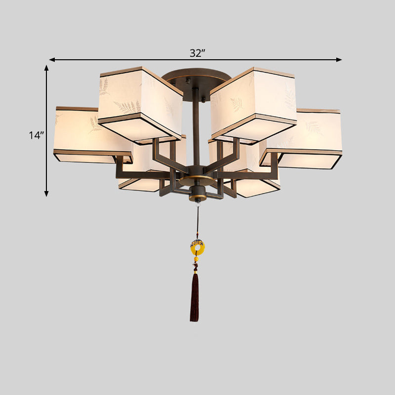 Metal Rectangle Semi Flush Mount Lighting Classic Metal 6/8/10 Lights Living Room Ceiling Lamp with Fabric Shade