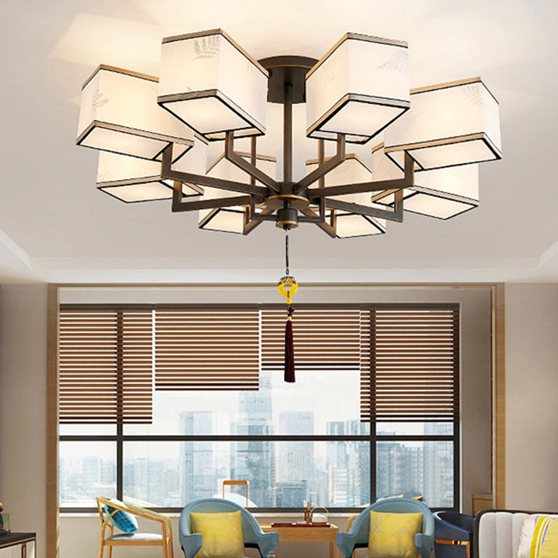 Metal Rectangle Semi Flush Mount Lighting Classic Metal 6/8/10 Lights Living Room Ceiling Lamp with Fabric Shade