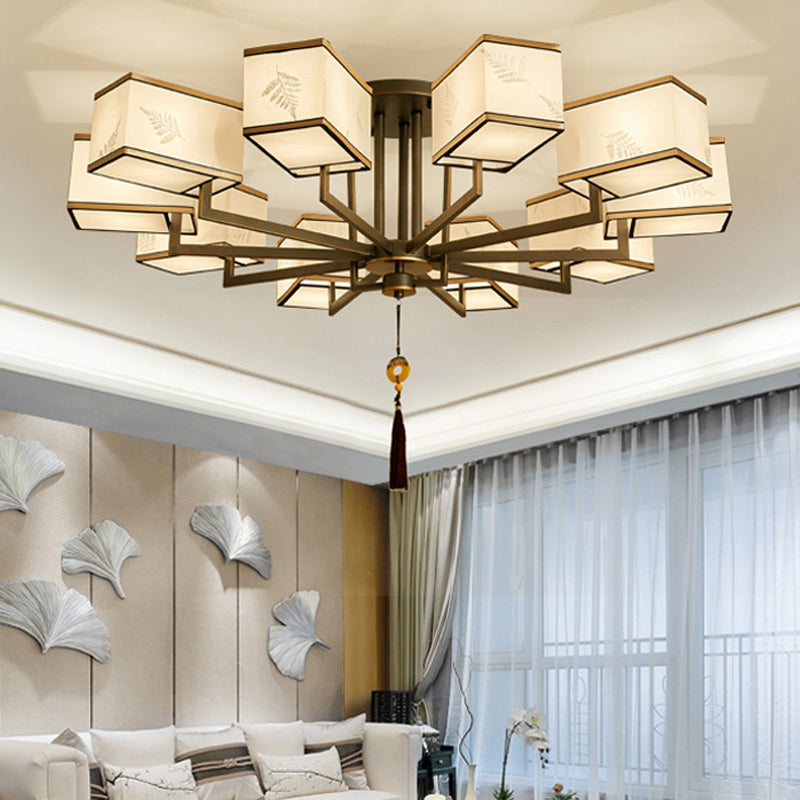 Metal Rectangle Semi Flush Mount Lighting Classic Metal 6/8/10 Lights Living Room Ceiling Lamp with Fabric Shade