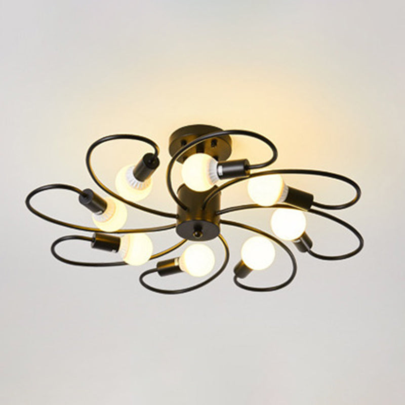 Bare Bulb Industrial Retro Semi-Flush Mount Radial Cast Iron Ceiling Light