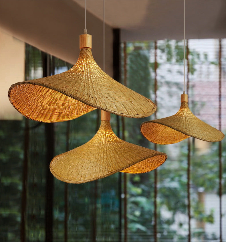 Azië -stijl hanglamp plafondlicht beige hoed hangend licht licht met bamboeschaduw