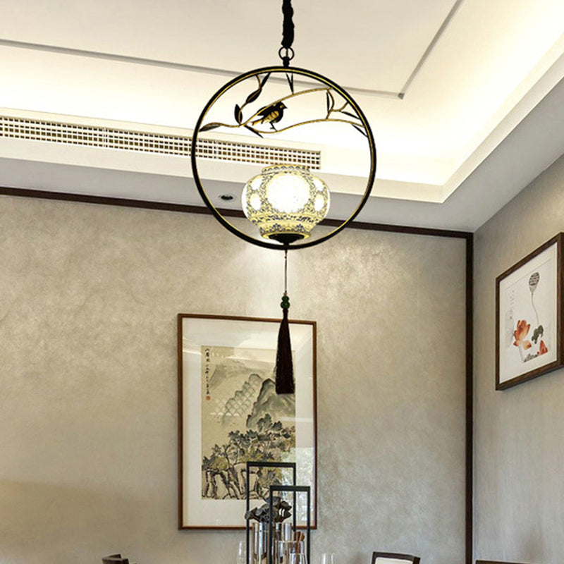 1 Light Birdcage Suspension Lighting Traditional Black/Gold Metal Ceiling Pendant for Tea Room