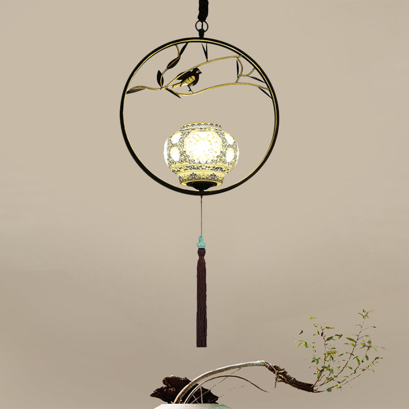 1 Light Birdcage Suspension Lighting Traditional Black/Gold Metal Ceiling Pendant for Tea Room