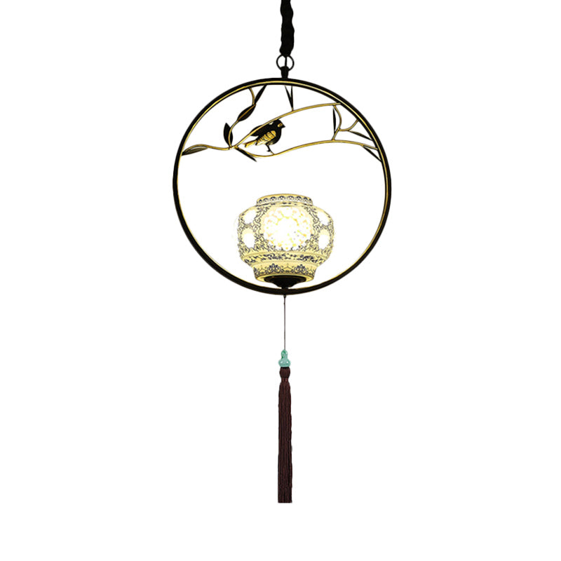 1 Light Birdcage Suspension Lighting Traditional Black/Gold Metal Ceiling Pendant for Tea Room