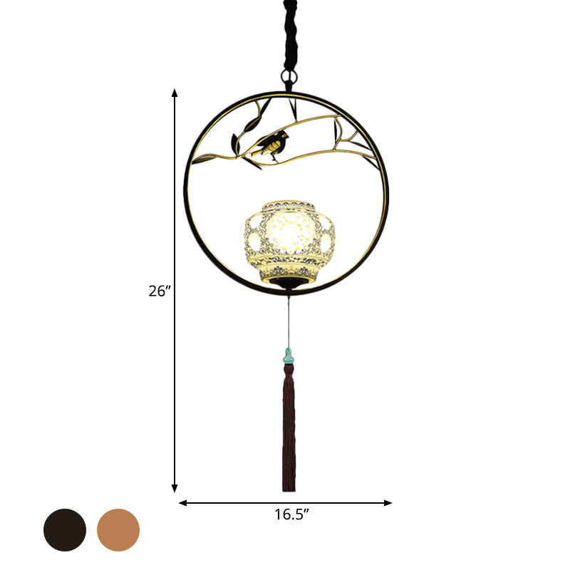 1 Light Birdcage Suspension Lighting Traditional Black/Gold Metal Ceiling Pendant for Tea Room