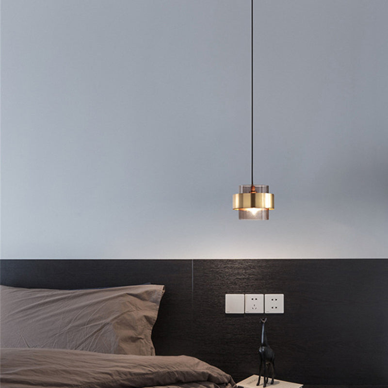 Cylindrical Glass Hanging Lamp Modern Minimalism 1 Light Pendant Light Fixture with Metal Ring