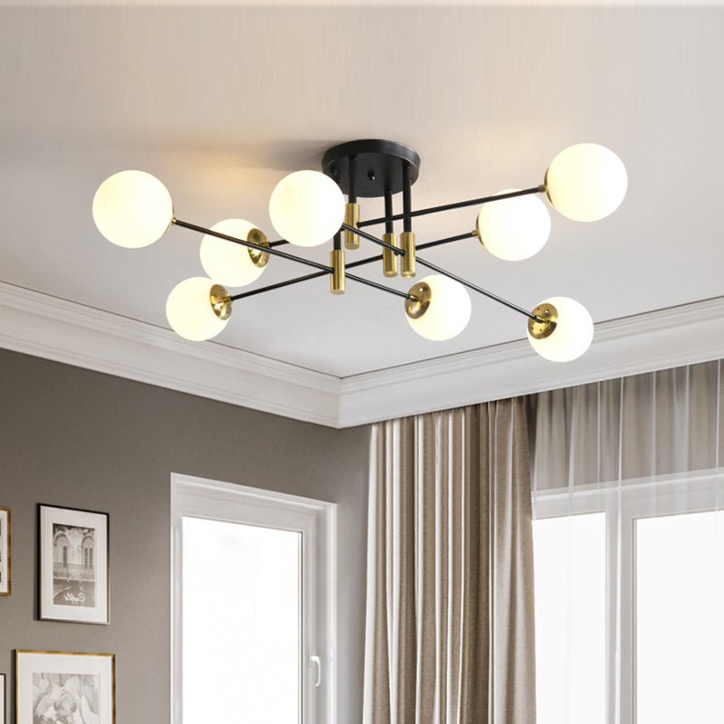 Opal Glass Shade Semi Flush Mount in Industrial Vintage Style Metal Radial Ceiling Light in Black and Gold