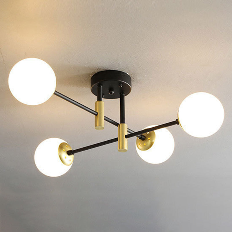 Opal Glass Shade Semi Flush Mount in Industrial Vintage Style Metal Radial Ceiling Light in Black and Gold