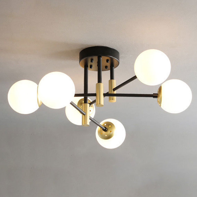 Opal Glass Shade Semi Flush Mount in Industrial Vintage Style Metal Radial Ceiling Light in Black and Gold