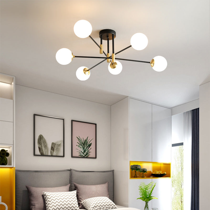 Opal Glass Shade Semi Flush Mount in Industrial Vintage Style Metal Radial Ceiling Light in Black and Gold