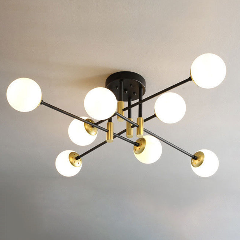 Opal Glass Shade Semi Flush Mount in Industrial Vintage Style Metal Radial Ceiling Light in Black and Gold