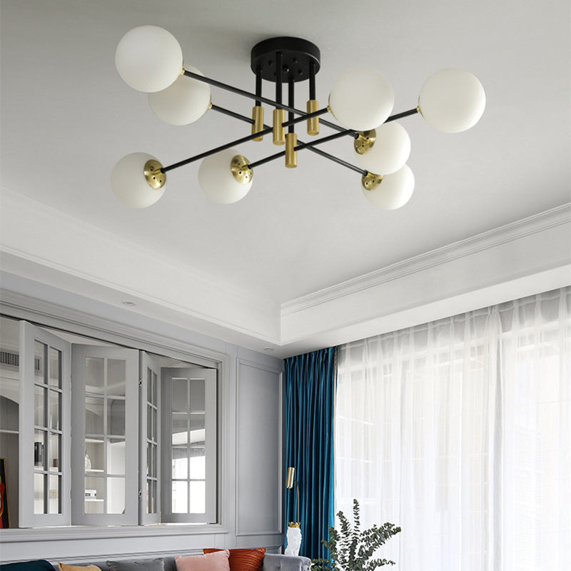 Opal Glass Shade Semi Flush Mount dans un plafond radial métallique de style vintage industriel en noir et or