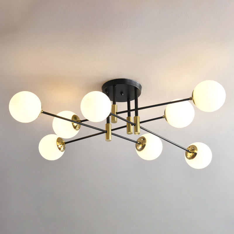 Opal Glass Shade Semi Flush Mount in Industrial Vintage Style Metal Radial Ceiling Light in Black and Gold