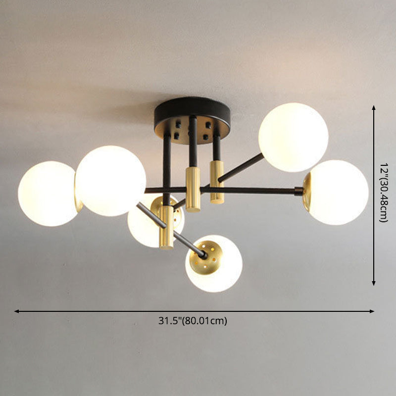 Opal Glass Shade Semi Flush Mount in Industrial Vintage Style Metal Radial Ceiling Light in Black and Gold