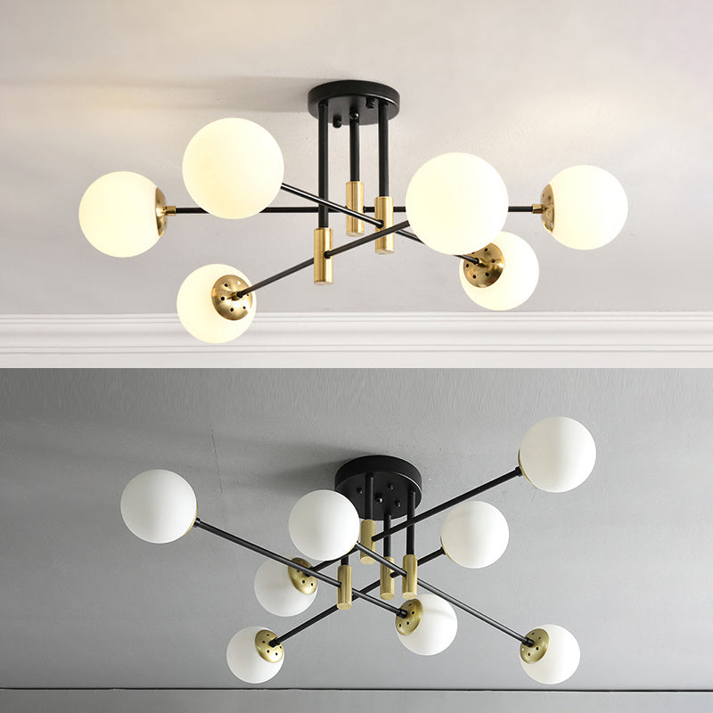 Opal Glass Shade Semi Flush Mount in Industrial Vintage Style Metal Radial Ceiling Light in Black and Gold