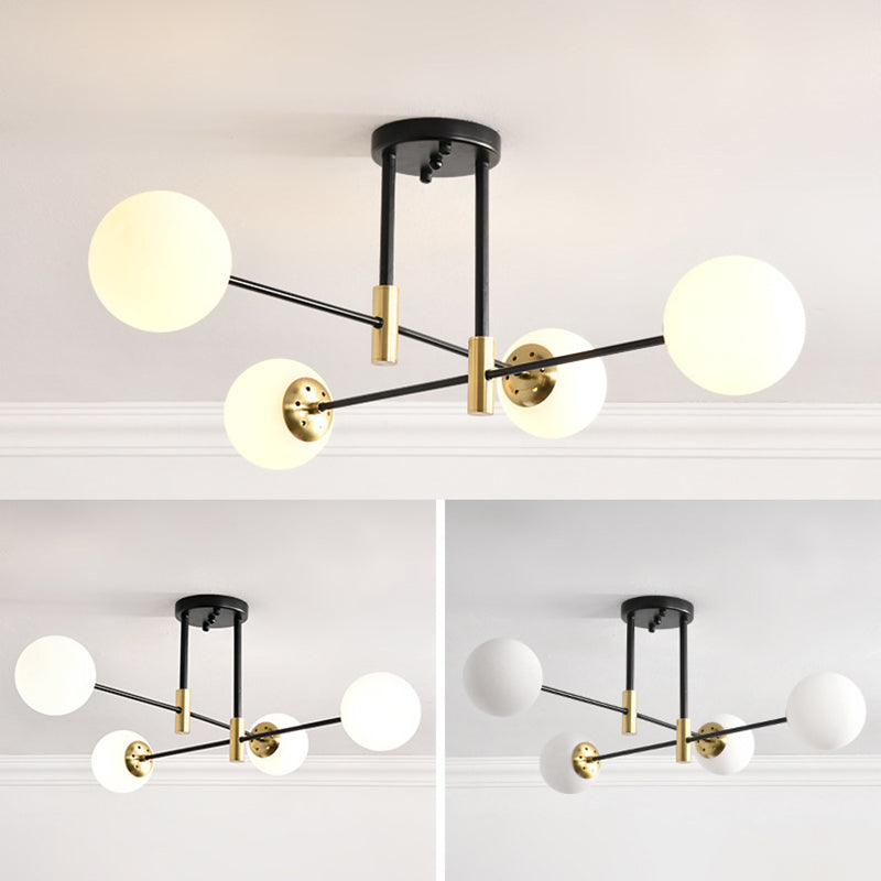 Opal Glass Shade Semi Flush Mount in Industrial Vintage Style Metal Radial Ceiling Light in Black and Gold