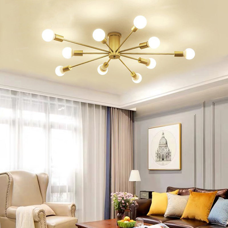 Bare Bulb Sputnik Semi Flush Mount in Wrought Iron Industrial Style Metal Ceiling Light for Living Room