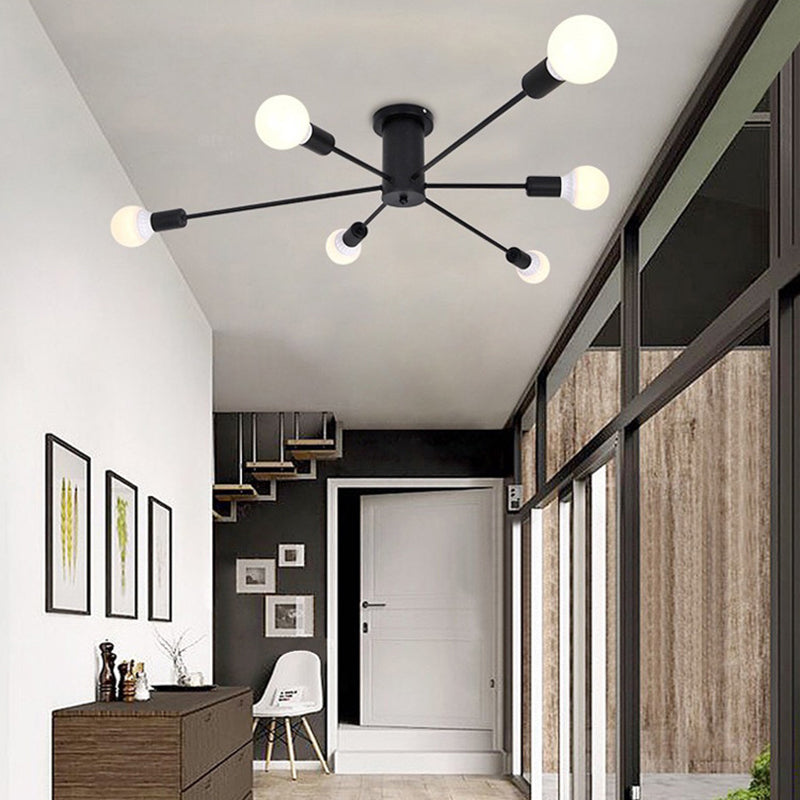 Bare Bulb Sputnik Semi Flush Mount in Wrought Iron Industrial Style Metal Ceiling Light for Living Room