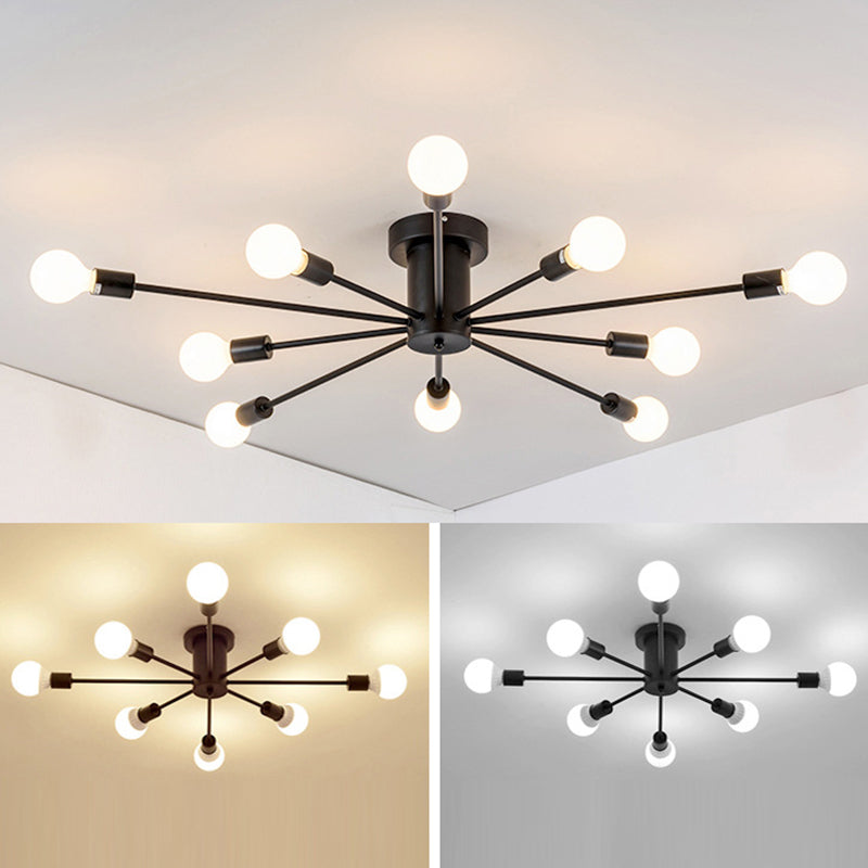 Bare Bulb Sputnik Semi Flush Mount in Wrought Iron Industrial Style Metal Ceiling Light for Living Room