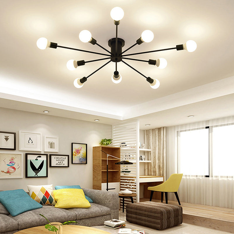 Bare Bulb Sputnik Semi Flush Mount in Wrought Iron Industrial Style Metal Ceiling Light for Living Room