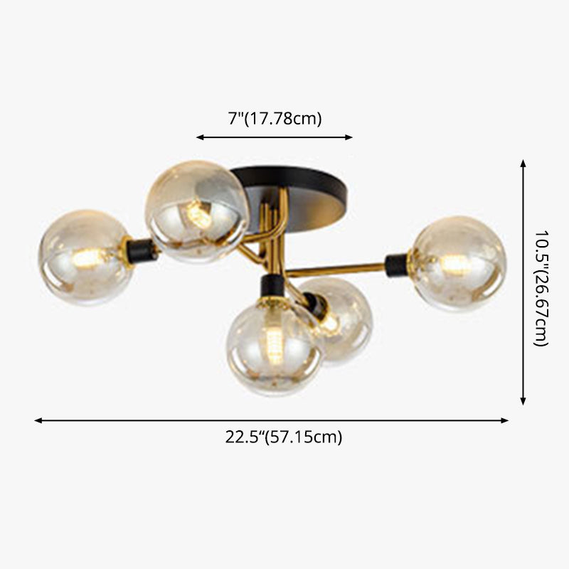 Luz de techo de globo de vidrio transparente de 5 luces Fixtura de iluminación de estilo posmoderno para dormitorio