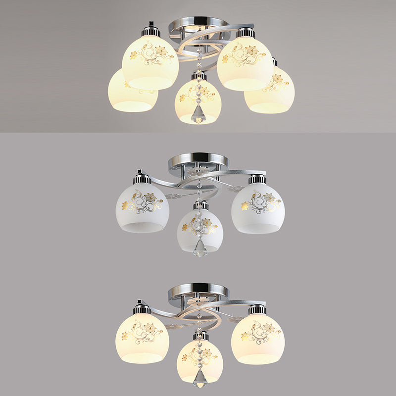 Chrome Shaded Ceiling Flush Light Minimalist Opal Glass Semi Flush Mount Fixture with Diamond Crystal