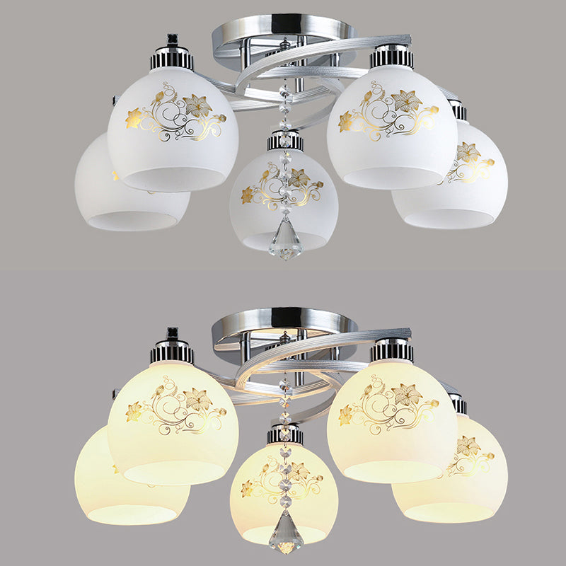 Chrome Shaded Ceiling Flush Light Minimalist Opal Glass Semi Flush Mount Fixture with Diamond Crystal