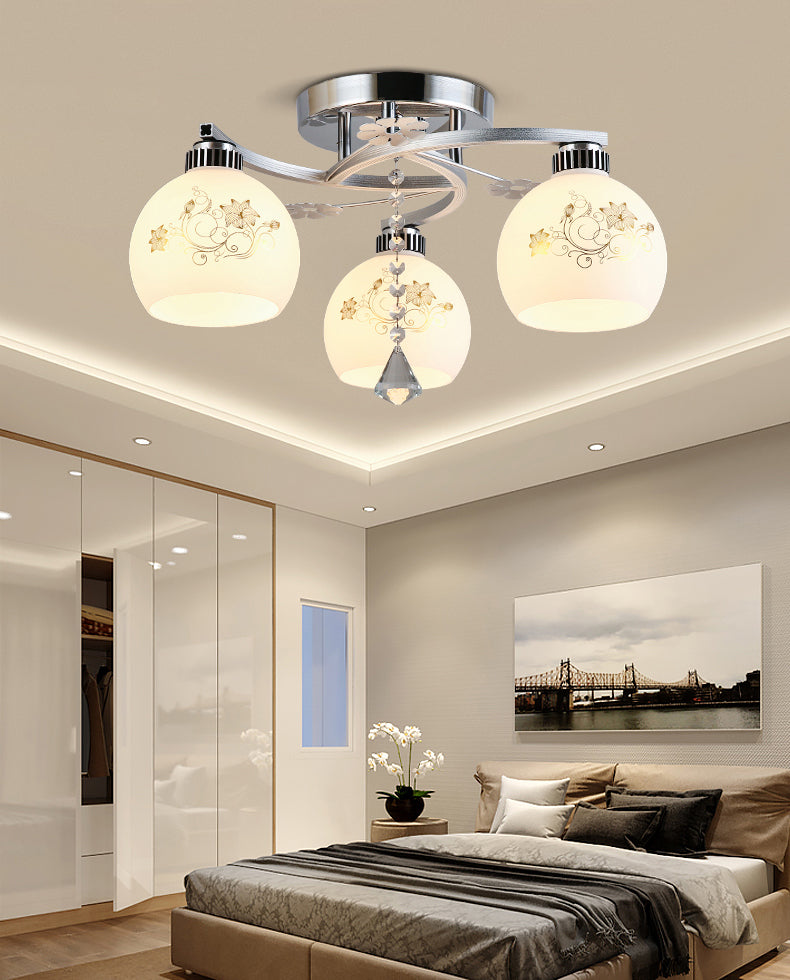 Chrome Shaded Ceiling Flush Light Minimalist Opal Glass Semi Flush Mount Fixture with Diamond Crystal