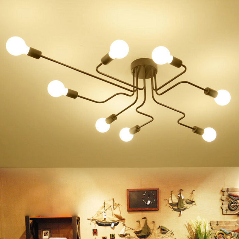 8 Lights Industrial Style Metal Ceiling Light Open Bulb Design Spider Shaped Large Lighting Fixture for Living Room