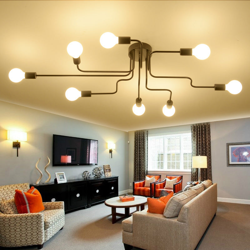 8 Lights Industrial Style Metal Ceiling Light Open Bulb Design Spider Shaped Large Lighting Fixture for Living Room