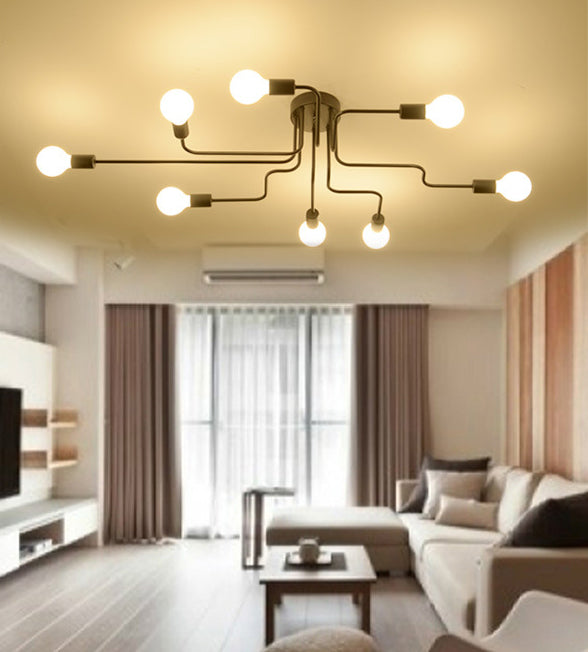 8 Lights Industrial Style Metal Ceiling Light Open Bulb Design Spider Shaped Large Lighting Fixture for Living Room