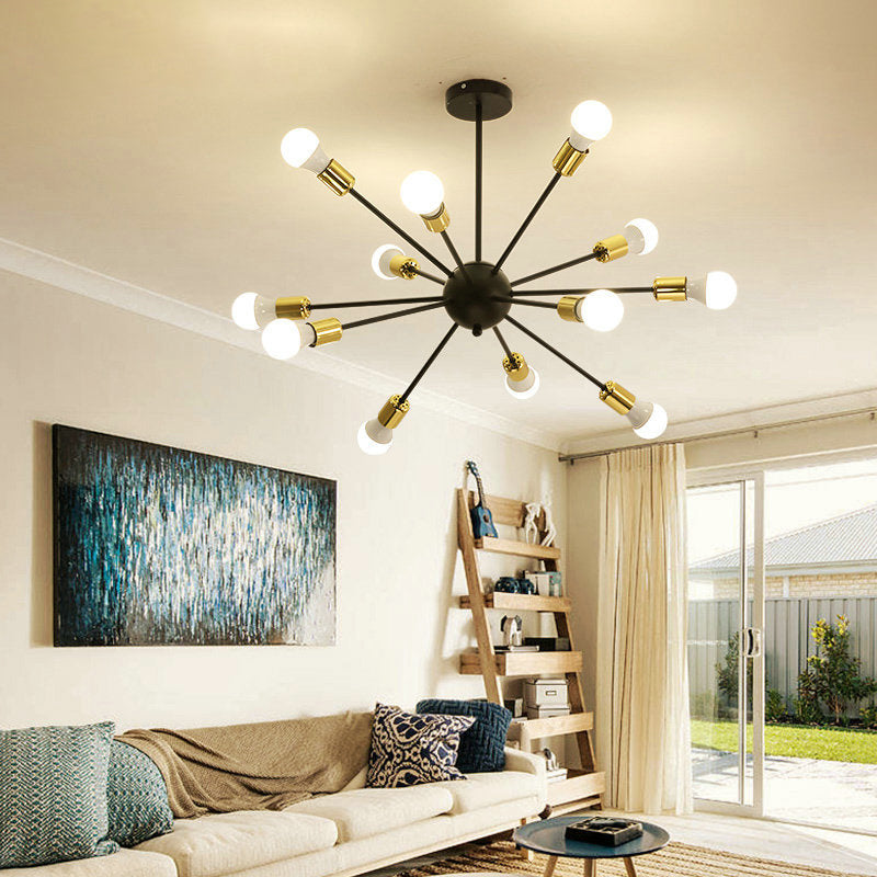 12 Lights Burst-shaped Metal Ceiling Lamp 25" Wide Industrial Style Open Bulb Lighting Fixture