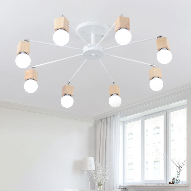 8-Lights Bare Bulb Simplicity Ceiling Light 35.5" Wide Modern Style Wooden Lighting Fixture in White